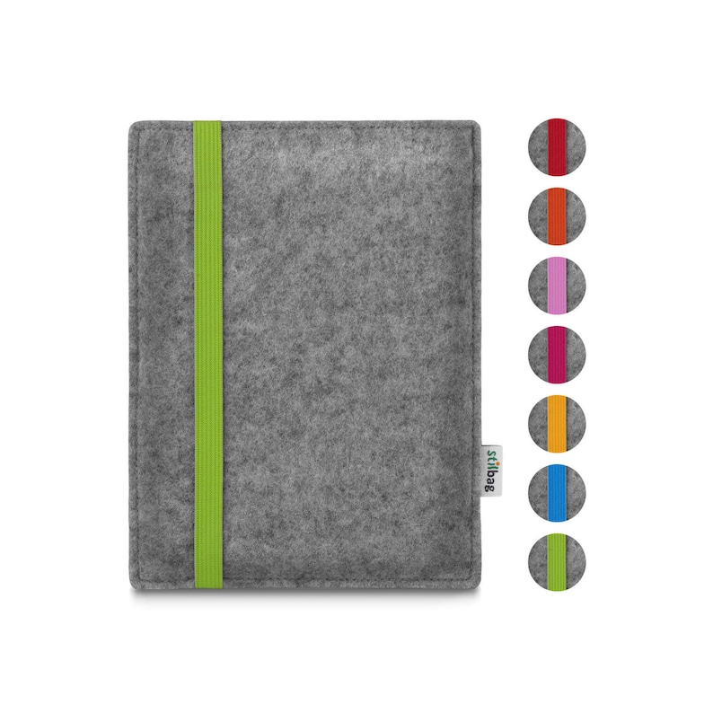 May include: A rectangular gray felt sleeve featuring a vertical lime green elastic band. A small white fabric tag with the text stilbag is attached to the side. To the right, seven circular swatches display the available elastic band colors.
