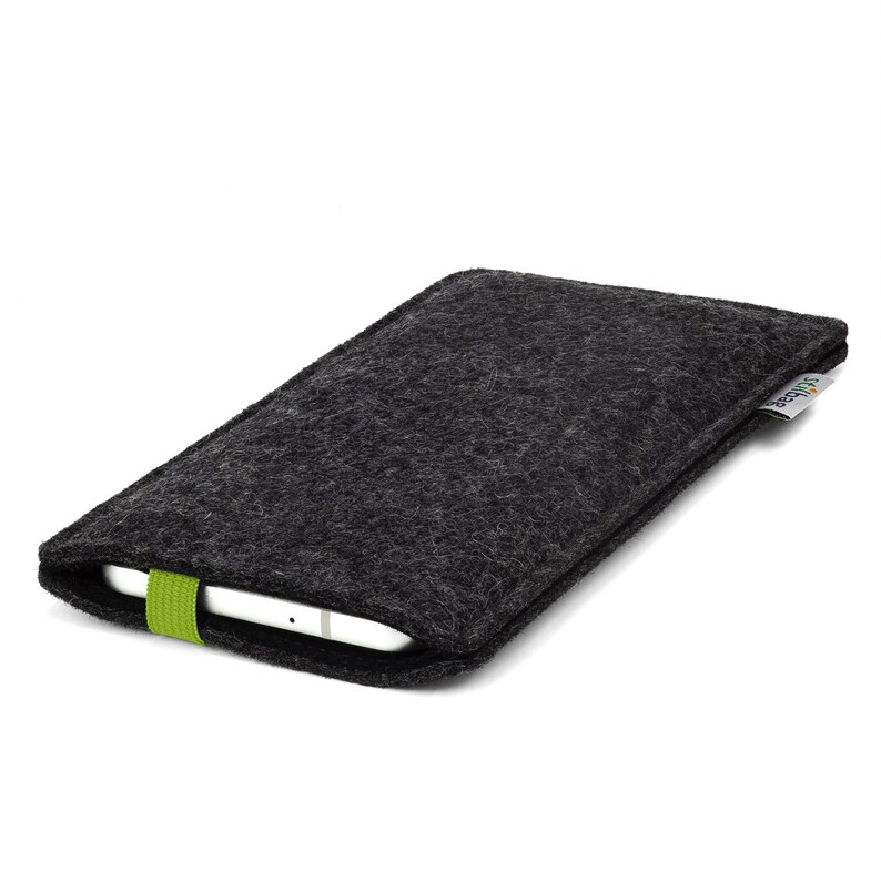 May include: A gray felt phone case with a green elastic band and a small green and white logo that says "eco-case".