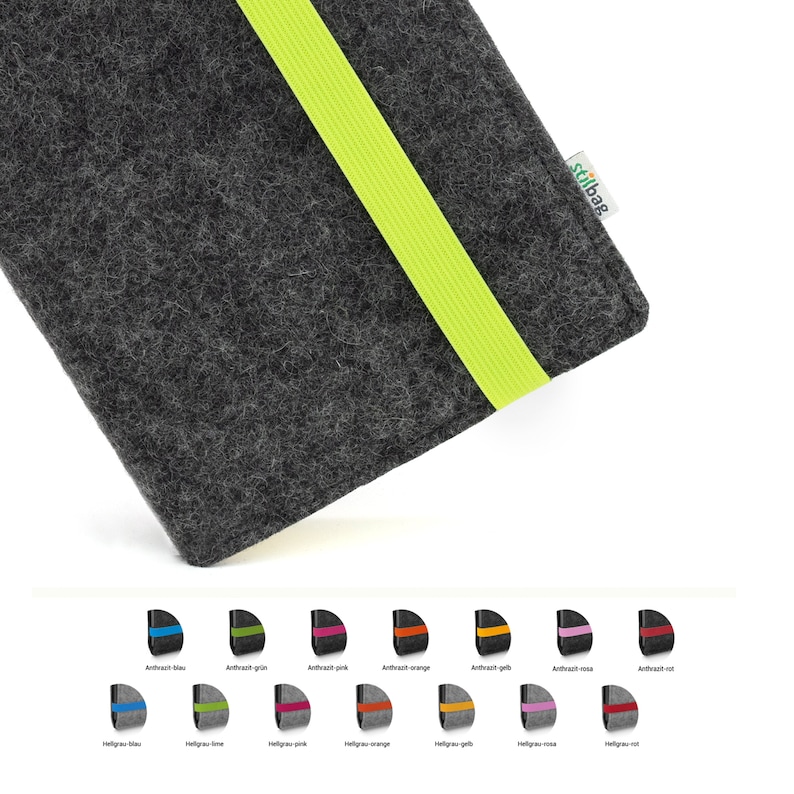 May include: A gray felt pouch with a lime green strap. The pouch has a small green label with the word "stilbag" on it. The pouch is shown with different colored straps in the bottom row of the image.