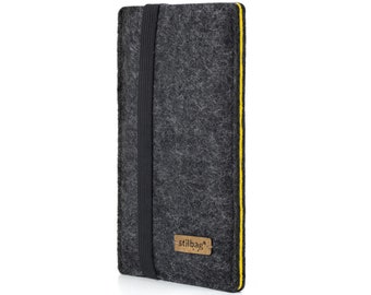 Housse de téléphone portable sur mesure en feutre de laine // Couleur anthracite - jaune // Convient parfaitement à tous les modèles de téléphones portables