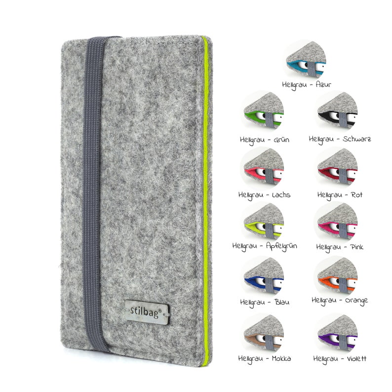May include: A gray felt phone case with a lime green border and a gray elastic band. The case has the word "stilbag" printed on it. The image shows 12 different color options for the case.