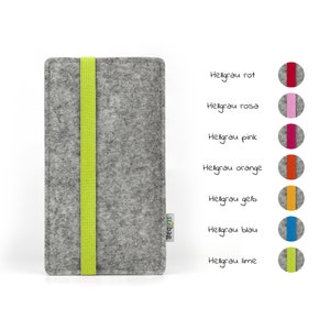 May include: A gray felt phone case with a lime green elastic band. The case is shown with different colored bands in red, pink, orange, yellow, blue, and lime green.