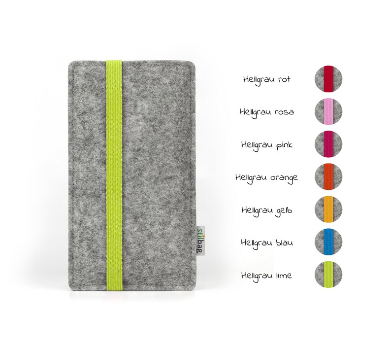 May include: A gray felt phone case with a lime green elastic band. The case is shown with different colored bands in red, pink, orange, yellow, blue, and lime green.