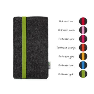 May include: A gray felt phone case with a green elastic band. The case is shown with different colored bands: red, pink, orange, yellow, blue, and green.