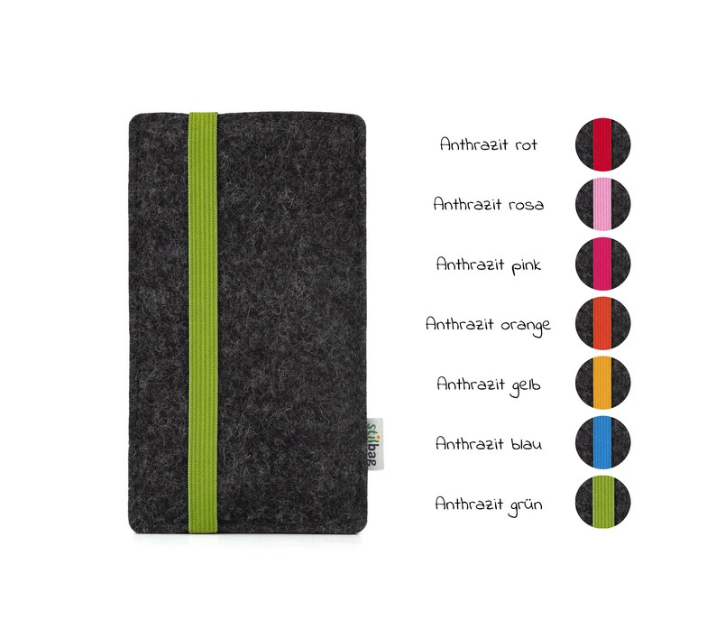 May include: A gray felt phone case with a green elastic band. The case is shown with different colored bands: red, pink, orange, yellow, blue, and green.