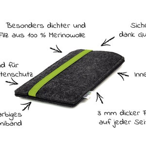 May include: A gray felt phone case with a green elastic band. The case has a 3 mm thick felt lining on each side and a 3 mm felt edge for protection. The case is made from 100% merino wool.