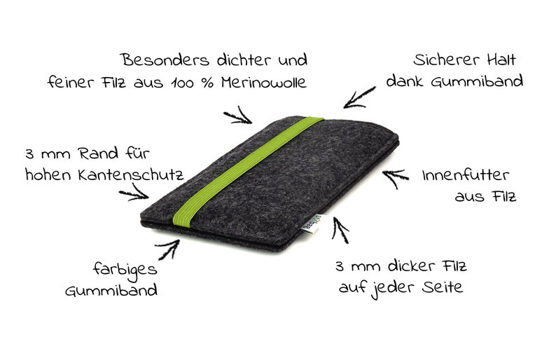 May include: A gray felt phone case with a green elastic band. The case has a 3 mm thick felt lining on each side and a 3 mm felt edge for protection. The case is made from 100% merino wool.