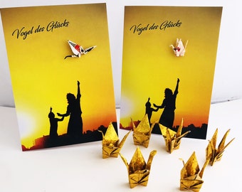 6 golden origami cranes including 2 folded cards