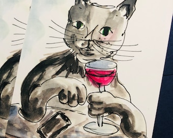 cat postcard, cat postcard, wine cat, cat wine, cat cooking, black cat, black cat, lucky cat