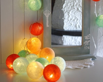 Strom/USB Cottonball Lichterkette orange - mint, Baumwollbällchen   Cotton Balls,