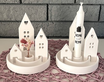 Decorative plate with houses, light houses, candle holders including candle Home sweet Home OR dried flowers in a glass