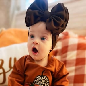 May include: A baby wearing a brown long-sleeved shirt with a pumpkin and leopard print design. The baby is wearing a brown bow headband and is holding a small orange pumpkin.