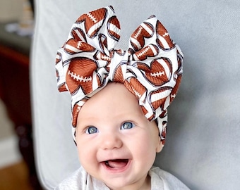 FOOTBALL HEARTS • Signature Stand-Up Headwraps | Permanently Sewn & Pull-Proof | Big Bow Headbands | Soft and Stretchy | Big Bow Headwraps
