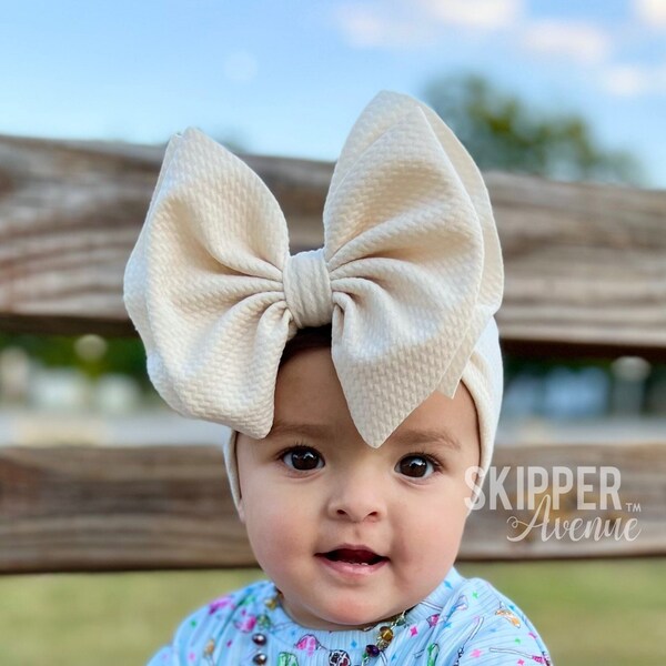 SUGAR COOKIE • Ivory Stand-Up Headwraps, Permanently Sewn & Pull-Proof, Big Bow Headbands, Newborn Bows, Soft and Stretchy, Baby Headwraps