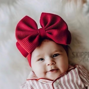 RUBY RED • Deep True Red | Signature Stand-Up Bows | Permanently Sewn & Pull-Proof | Big Bow Headbands | Soft and Stretchy | Baby Headwraps