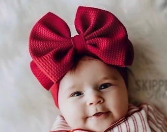 RUBY RED • Deep True Red | Signature Stand-Up Bows | Permanently Sewn & Pull-Proof | Big Bow Headbands | Soft and Stretchy | Baby Headwraps