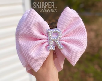 INITIAL BOWS • Signature Sparkle Pearl Letter Headwraps & Bows | Birthday Party Bow | Name Bows | Initial Bow | Monogram Bows