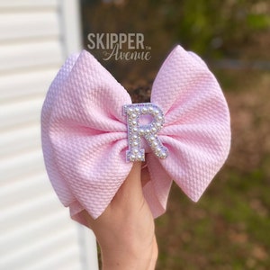 INITIAL BOWS • Signature Sparkle Pearl Letter Headwraps & Bows | Birthday Party Bow | Name Bows | Initial Bow | Monogram Bows