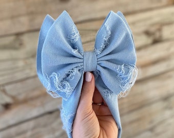 DISTRESSED DENIM • Signature Stand-Up Headwrap | Permanently Sewn & Pull-Proof | Big Bow Headbands | Soft and Stretchy | Big Bow Headwraps