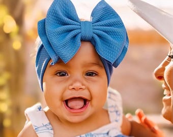 DENIM BLUE • Stand-Up Headwraps, Permanently Sewn & Pull-Proof, Big Bow Headbands, Newborn Bows, Soft and Stretchy, Baby Headwraps
