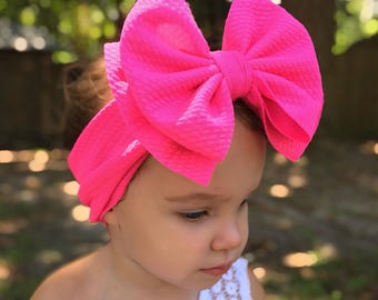 BARBlE PINK • Stand-Up Headwraps, Permanently Sewn & Pull-Proof, Big Bow Headbands, Newborn Bows, Soft and Stretchy, Baby Headwraps
