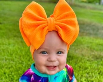 SUNKISSED • Light Neon Orange | Signature Stand-Up Bows | Permanently Sewn | Big Bow Headbands | Soft and Stretchy | Big Bow Headwraps