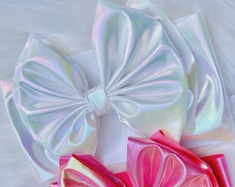 WHITE PEARL • Stand-Up Holo Bows | Indention Free Comfort | Permanently Sewn Secure and Pull-Proof | Stretchy and Soft