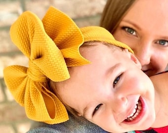 MUSTARD • Signature Stand-Up Headwrap | Permanently Sewn & Pull-Proof | Big Bow Headbands | Soft and Stretchy | Big Bow Headwraps