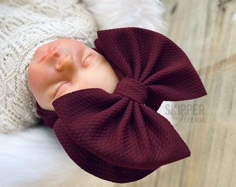 BLACK CHERRY • Stand-Up Headwraps, Permanently Sewn & Pull-Proof, Big Bow Headbands, Newborn Bows, Soft and Stretchy, Baby Headwraps