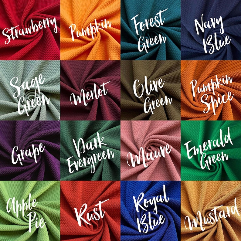 May include: A collection of 16 fabric swatches in various colors and textures, including Strawberry, Pumpkin, Forest Green, Navy Blue, Sage Green, Merlot, Olive Green, Pumpkin Spice, Grape, Dark Evergreen, Mauve, Emerald Green, Apple Pie, Rust, Royal Blue, and Mustard.