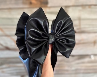BLACK PLEATHER • Soft and Stretchy | Signature Stand-Up Headwrap | Permanently Sewn & Pull-Proof | Big Bow Headband | Big Bow Headwrap