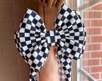 MINI CHECKERS • Black and White Raching, Stand-Up Headwraps, Permanently Sewn / Pull-Proof, Big Bow Headbands, Newborn Bows, Soft Stretchy