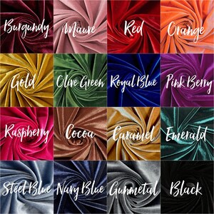 May include: A collection of swirled velvet fabric samples in various colors, including burgundy, mauve, red, orange, gold, olive green, royal blue, pink berry, raspberry, cocoa, caramel, emerald, steel blue, navy blue, gunmetal, and black. Each sample has a handwritten color name.