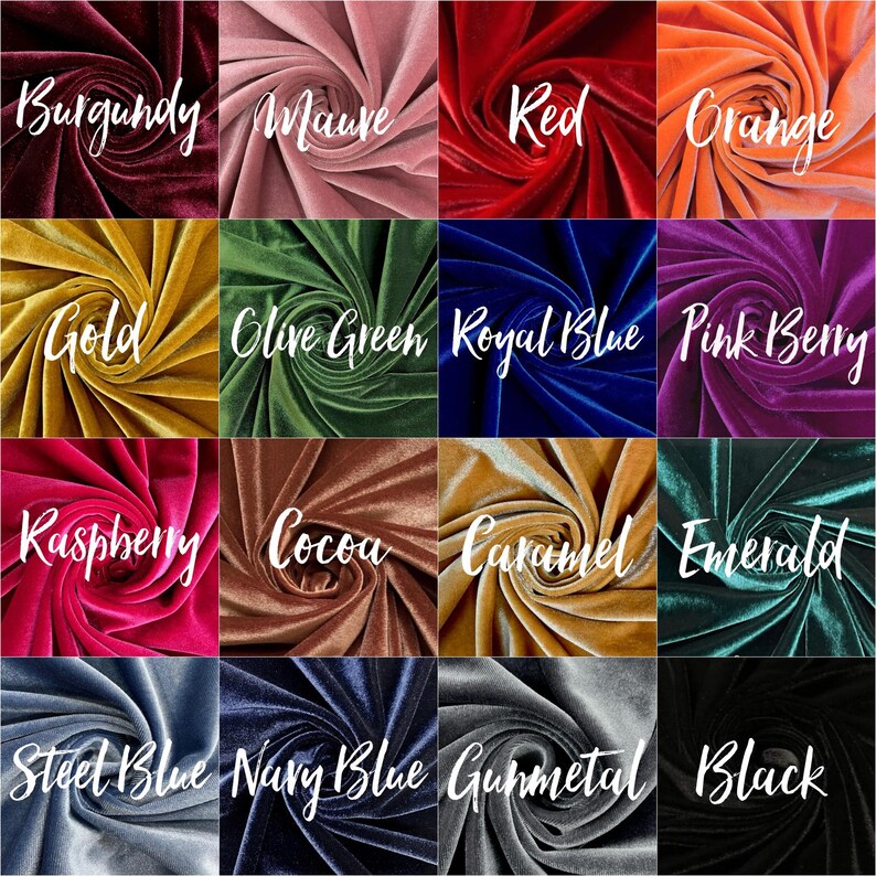 May include: A collection of swirled velvet fabric samples in various colors, including burgundy, mauve, red, orange, gold, olive green, royal blue, pink berry, raspberry, cocoa, caramel, emerald, steel blue, navy blue, gunmetal, and black. Each sample has a handwritten color name.