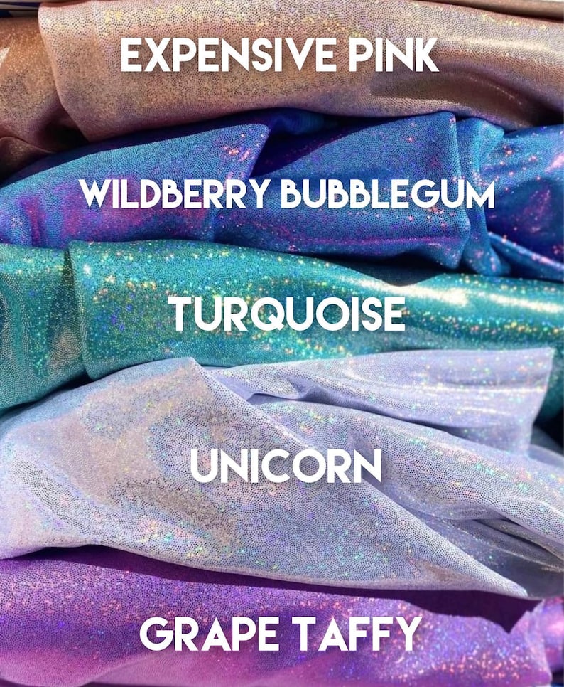 Puede incluir: Cinco colores diferentes de tela iridiscente con los nombres de cada color escritos en ellos: Rosa caro, Chiclete de mora, Turquesa, Unicornio y Caramelo de uva.