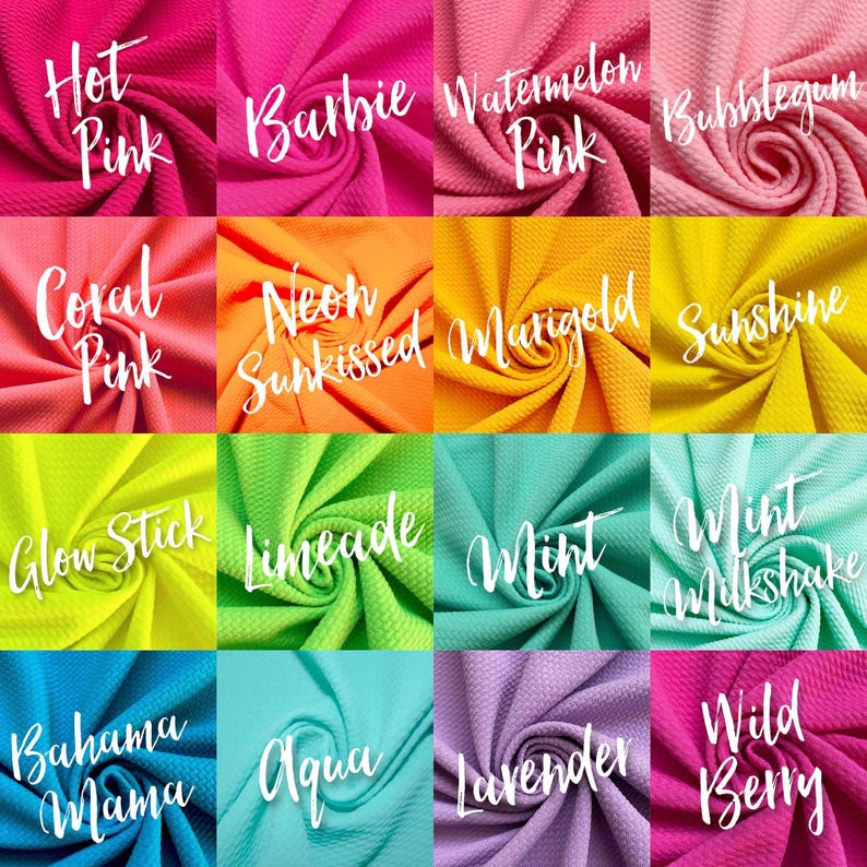 May include: A collection of 12 fabric swatches in various bright colors, including hot pink, coral pink, neon sunkissed, marigold, sunshine, glow stick, limeade, mint, mint milkshake, bahama mama, aqua, lavender, and wild berry. Each swatch is labeled with a descriptive name.