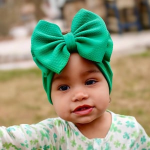 EMERALD • Kelly Green Stand-Up Headwraps, Permanently Sewn & Pull-Proof, Big Bow Headbands, Newborn Bows, Soft and Stretchy