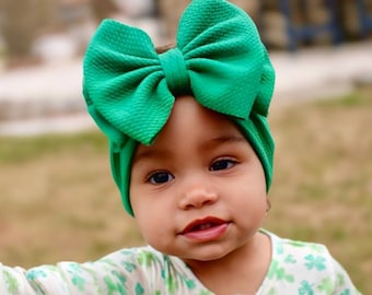 EMERALD • Kelly Green Stand-Up Headwraps, Permanently Sewn & Pull-Proof, Big Bow Headbands, Newborn Bows, Soft and Stretchy