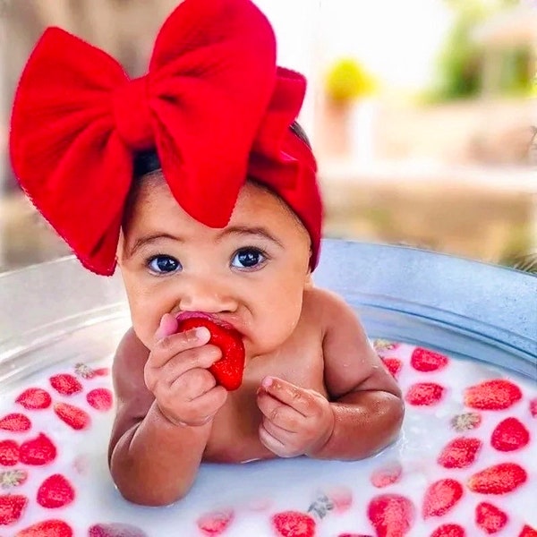 STRAWBERRY • True Red Stand-Up Headwraps, Permanently Sewn & Pull-Proof, Big Bow Headbands, Newborn Bows, Soft and Stretchy, Baby Headwraps