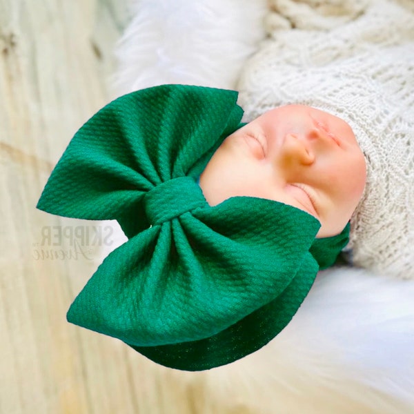 EMERALD • Stand-Up Headwraps, Permanently Sewn & Pull-Proof, Big Bow Headbands, Newborn Bows, Soft and Stretchy, Baby Headwraps
