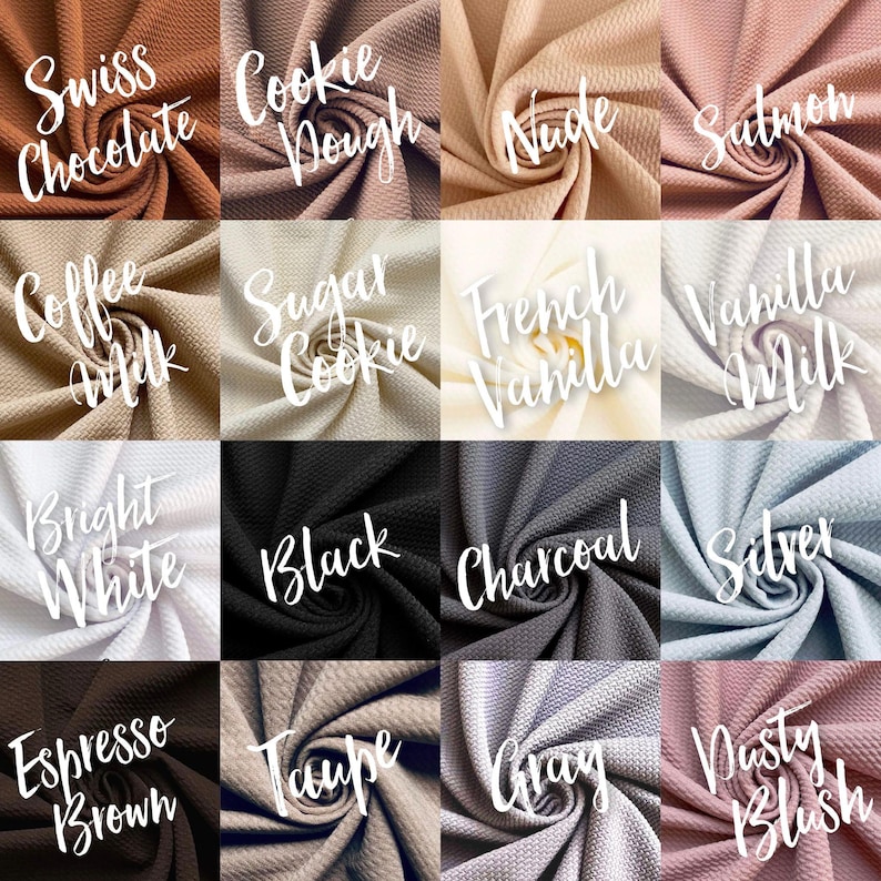 May include: A collection of 16 fabric swatches in various colors and textures, including Swiss Chocolate, Cookie Dough, Nude, Salmon, Coffee Milk, Sugar Cookie, French Vanilla, Vanilla Milk, Bright White, Black, Charcoal, Silver, Espresso Brown, Taupe, Gray, and Dusty Blush.