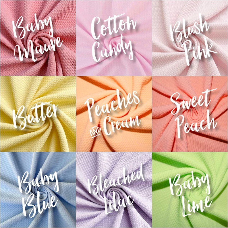 May include: Nine fabric swatches in a variety of colors and textures. The swatches are arranged in a 3x3 grid. The colors include baby mauve, cotton candy, blush pink, butter, peaches and cream, sweet peach, baby blue, bleached lilac, and baby lime.