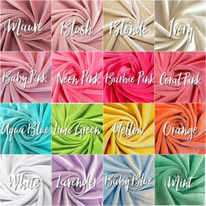 May include: A fabric swatch display showcasing a variety of velvet colors. The image features swatches labeled "Mauve," "Blush," "Blonde," "Ivory," "Baby Pink," "Neon Pink," "Barbie Pink," "Coral Pink," "Aqua Blue," "Lime Green," "Yellow," "Orange," "White," "Lavender," "Baby Blue," and "Mint."