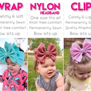 May include: Three different styles of baby headbands with bows. The first headband is a turquoise wrap headband, the second is a dusty rose nylon headband, and the third is a pink clip headband. Each headband is worn by a baby girl with a different outfit.
