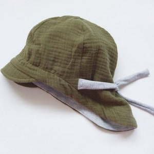 Summer hat made of muslin, baby and children's sun hat, tie hat, muslin hat, olive green/gray image 4