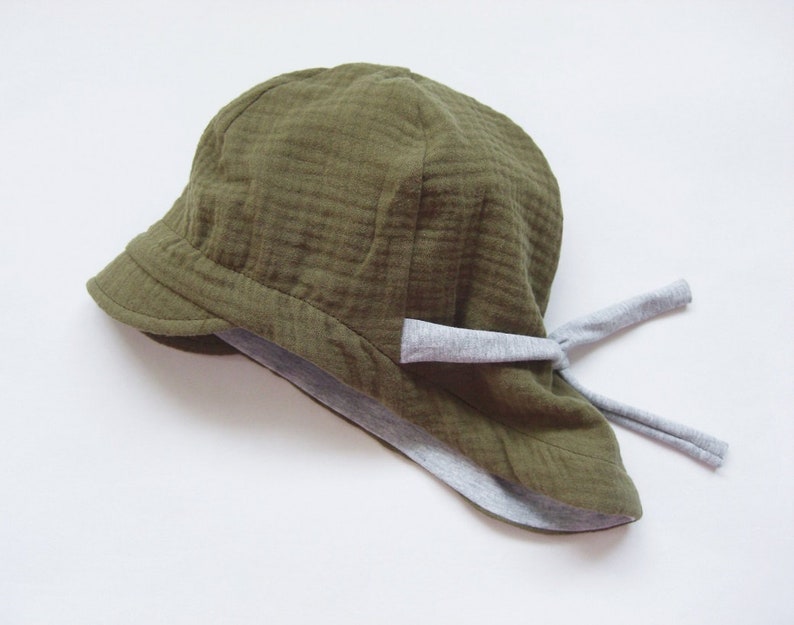 Summer hat made of muslin, baby and children's sun hat, tie hat, muslin hat, olive green/gray image 4