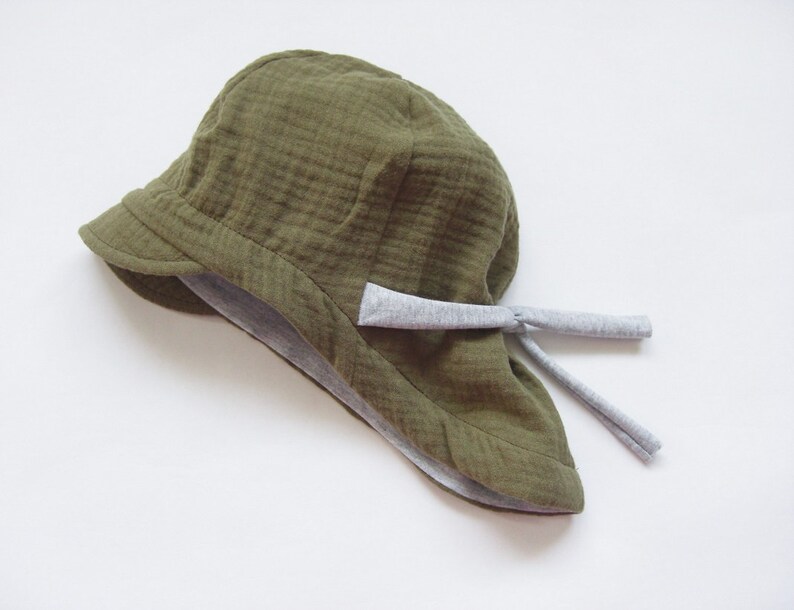 Summer hat made of muslin, baby and children's sun hat, tie hat, muslin hat, olive green/gray image 1