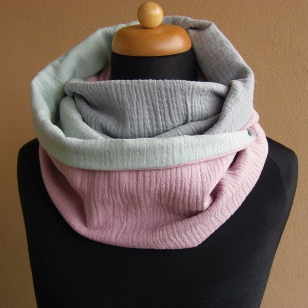 Loop made of muslin, grey/old pink/mint, women's scarf made of double gauze