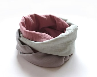 Muslin loop scarf, grey/dusty rose/mint, women's scarf made of double gauze