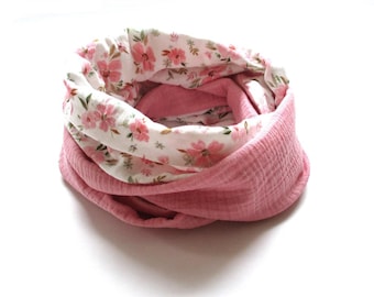 Muslin loop scarf with watercolor flowers, white/pink, women's scarf made of double gauze